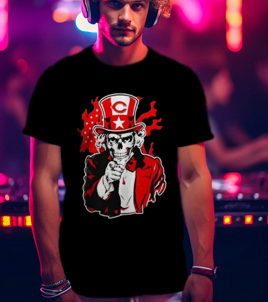 Cincinnati Reds Skeleton Uncle Sam Pointing US Flag Flames T-Shirt