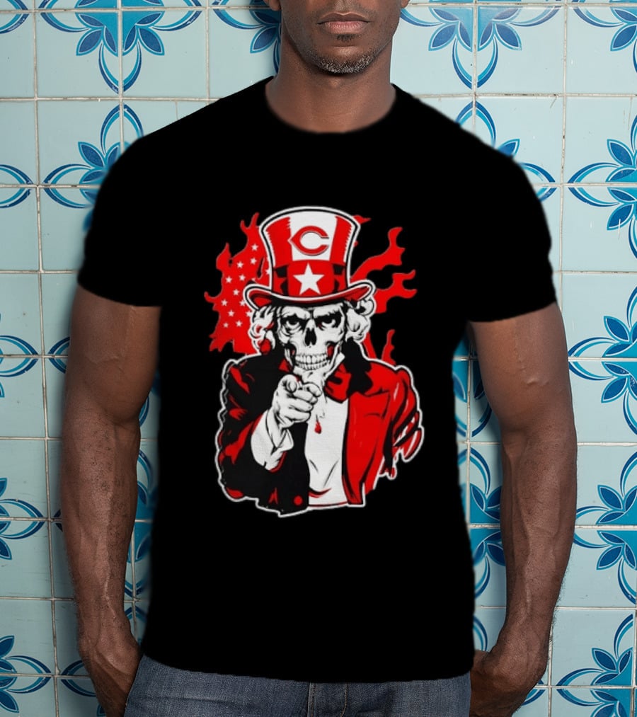 Cincinnati Reds Skeleton Uncle Sam Pointing US Flag Flames T-Shirt