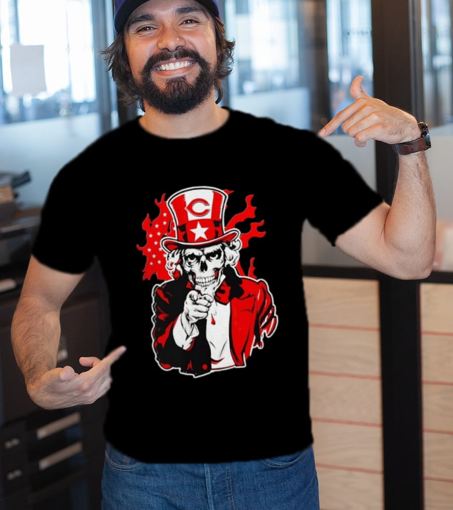 Cincinnati Reds Skeleton Uncle Sam Pointing US Flag Flames T-Shirt