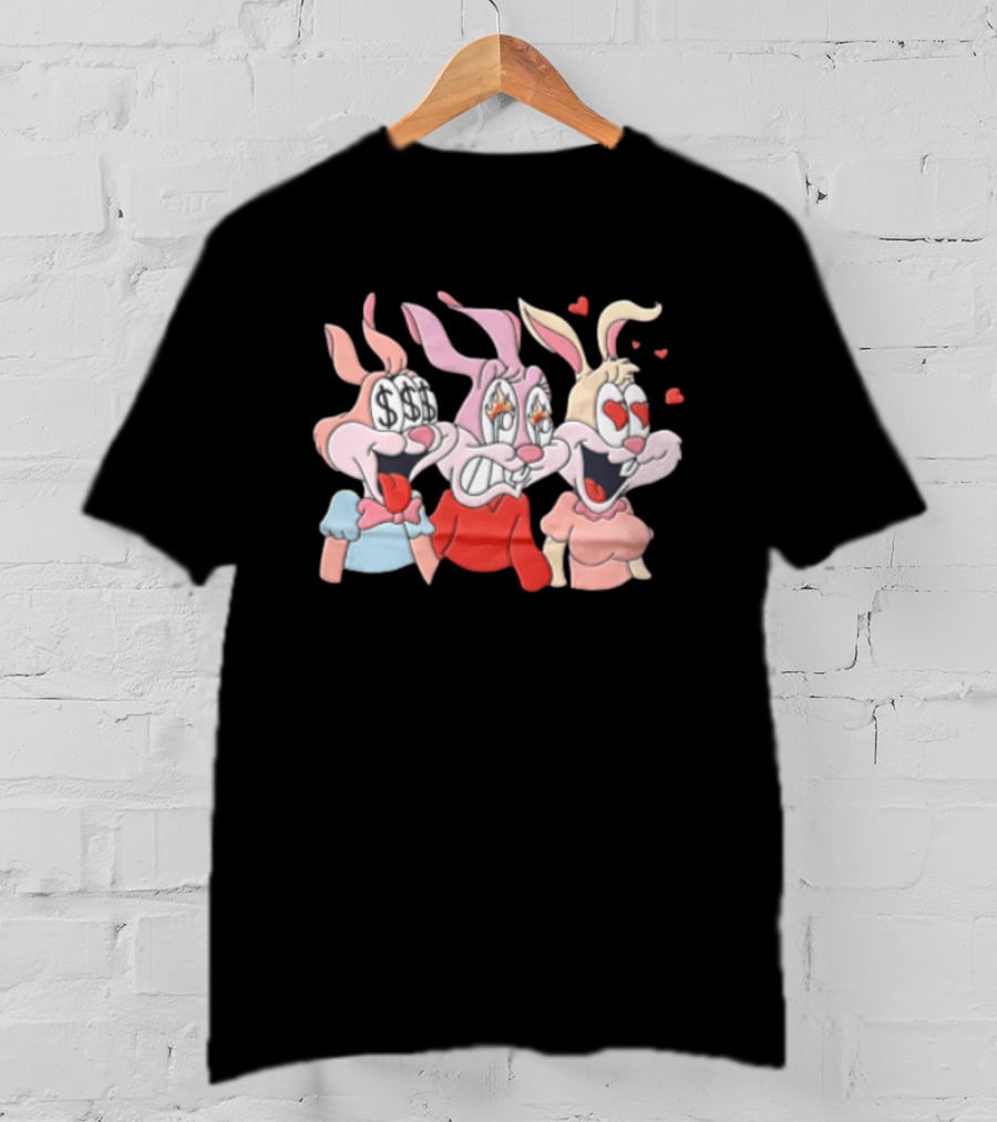 Three Cartoon Female Rabbits Dollar Signs Fire Heart Eyes Expressions T-Shirt