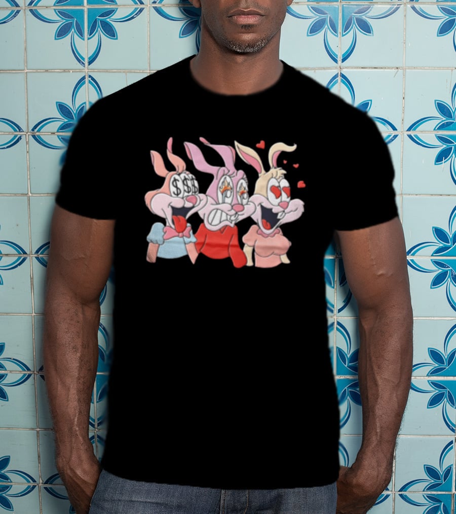 Three Cartoon Female Rabbits Dollar Signs Fire Heart Eyes Expressions T-Shirt