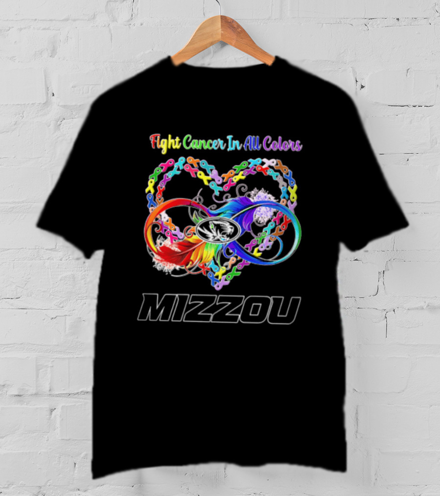 Mizzou Fight Cancer In All Colors Heart Infinity Ribbon Rainbow Feather T-Shirt