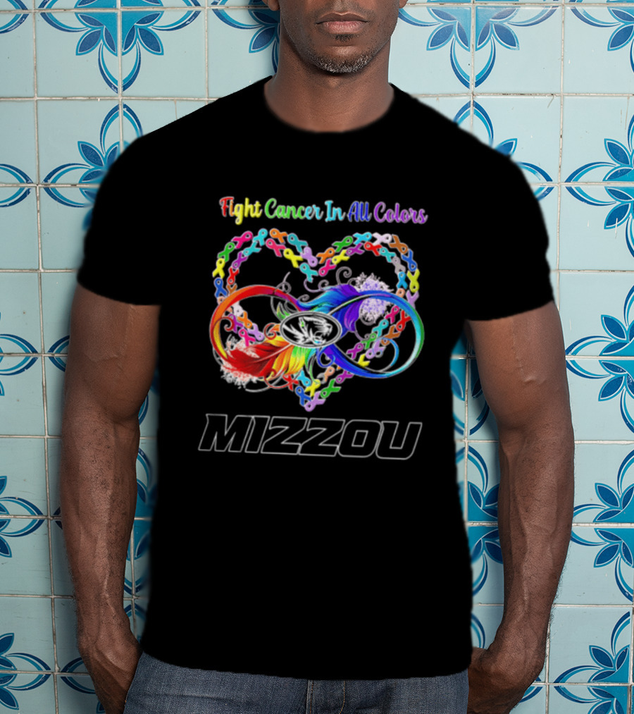 Mizzou Fight Cancer In All Colors Heart Infinity Ribbon Rainbow Feather T-Shirt