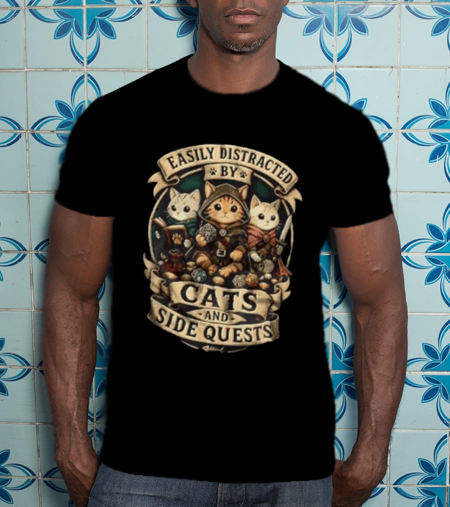 Easily Distracted By Cats And Side Quests Fantasy Adventure Cats T-Shirt