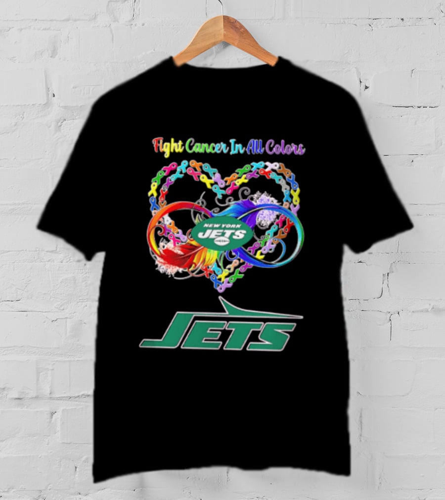 New York Jets Fight Cancer Rainbow Ribbons Infinity Heart Feather T-Shirt