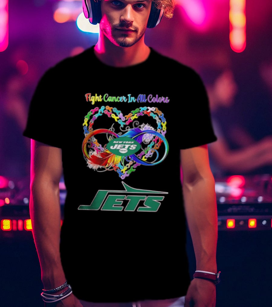 New York Jets Fight Cancer Rainbow Ribbons Infinity Heart Feather T-Shirt