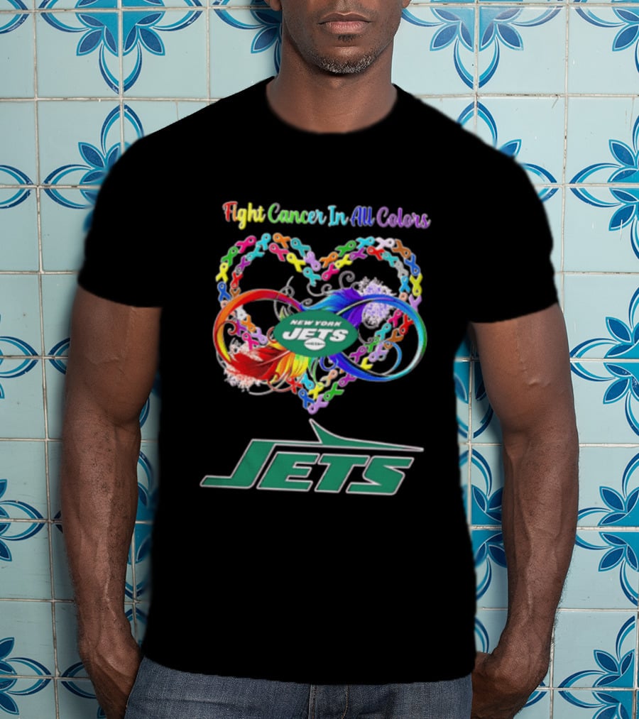 New York Jets Fight Cancer Rainbow Ribbons Infinity Heart Feather T-Shirt