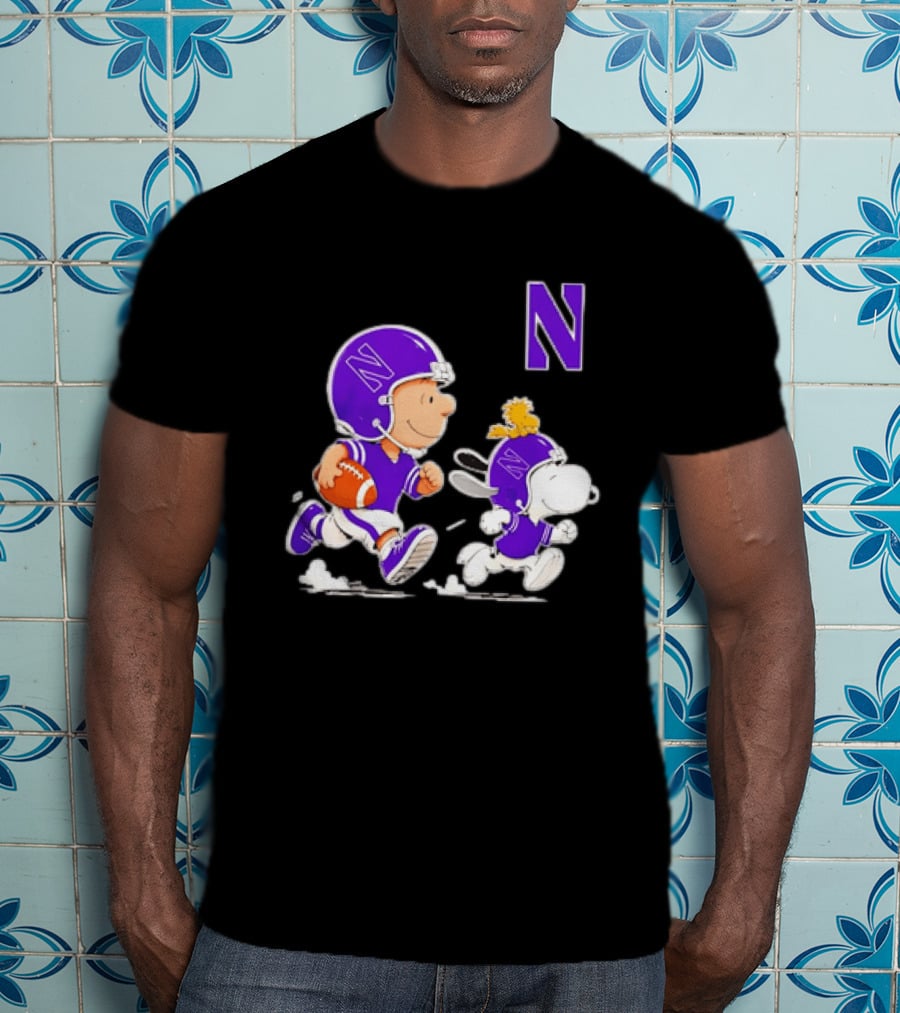 Northwestern Wildcats Charlie Brown Woodstock Snoopy Football Running T-Shirt