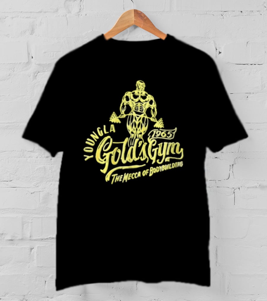 Youngla Golds Gym 1965 The Mecca Of Bodybuilding Muscular Man Holding Barbell T-Shirt