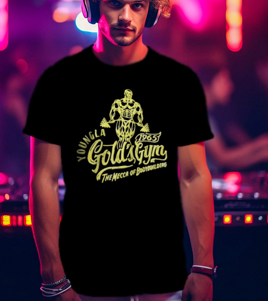Youngla Golds Gym 1965 The Mecca Of Bodybuilding Muscular Man Holding Barbell T-Shirt