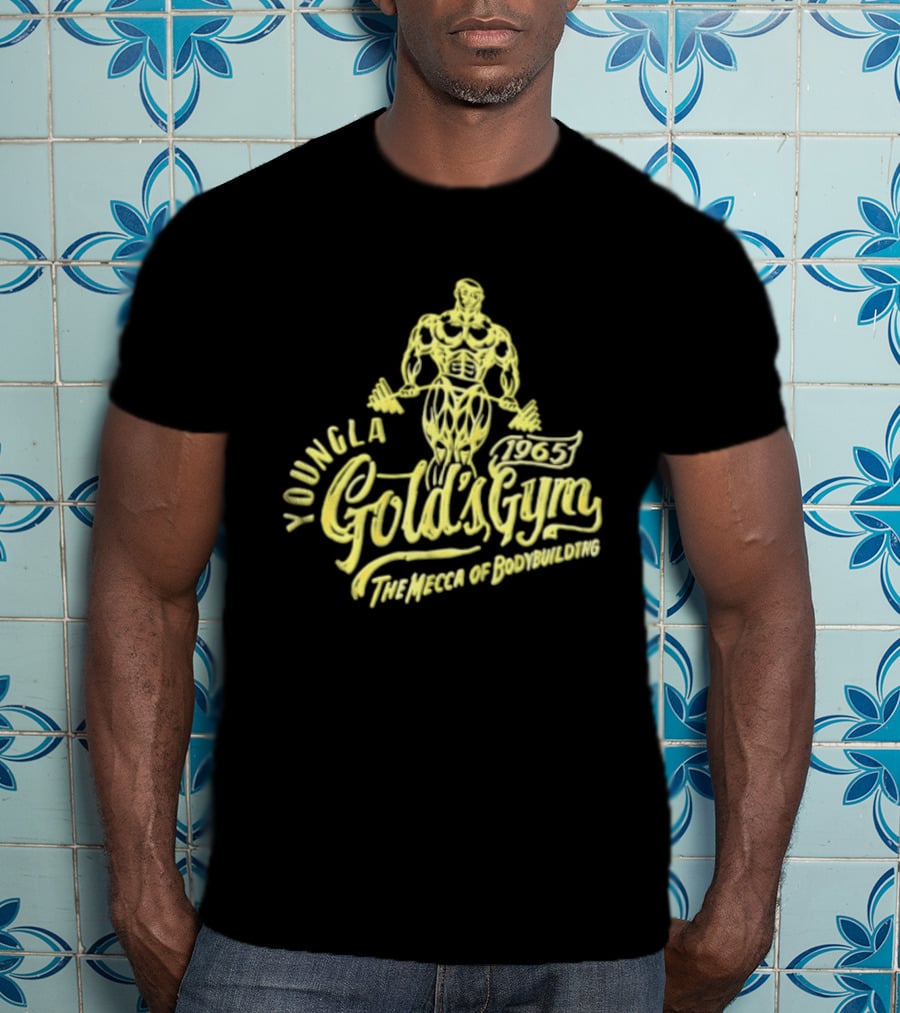 Youngla Golds Gym 1965 The Mecca Of Bodybuilding Muscular Man Holding Barbell T-Shirt