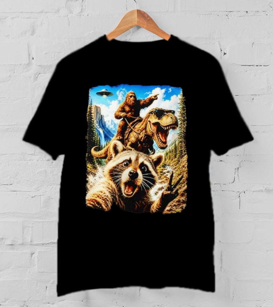 Raccoon Selfie Bigfoot Rex Adventure With UFO And Mountains T-Shirt