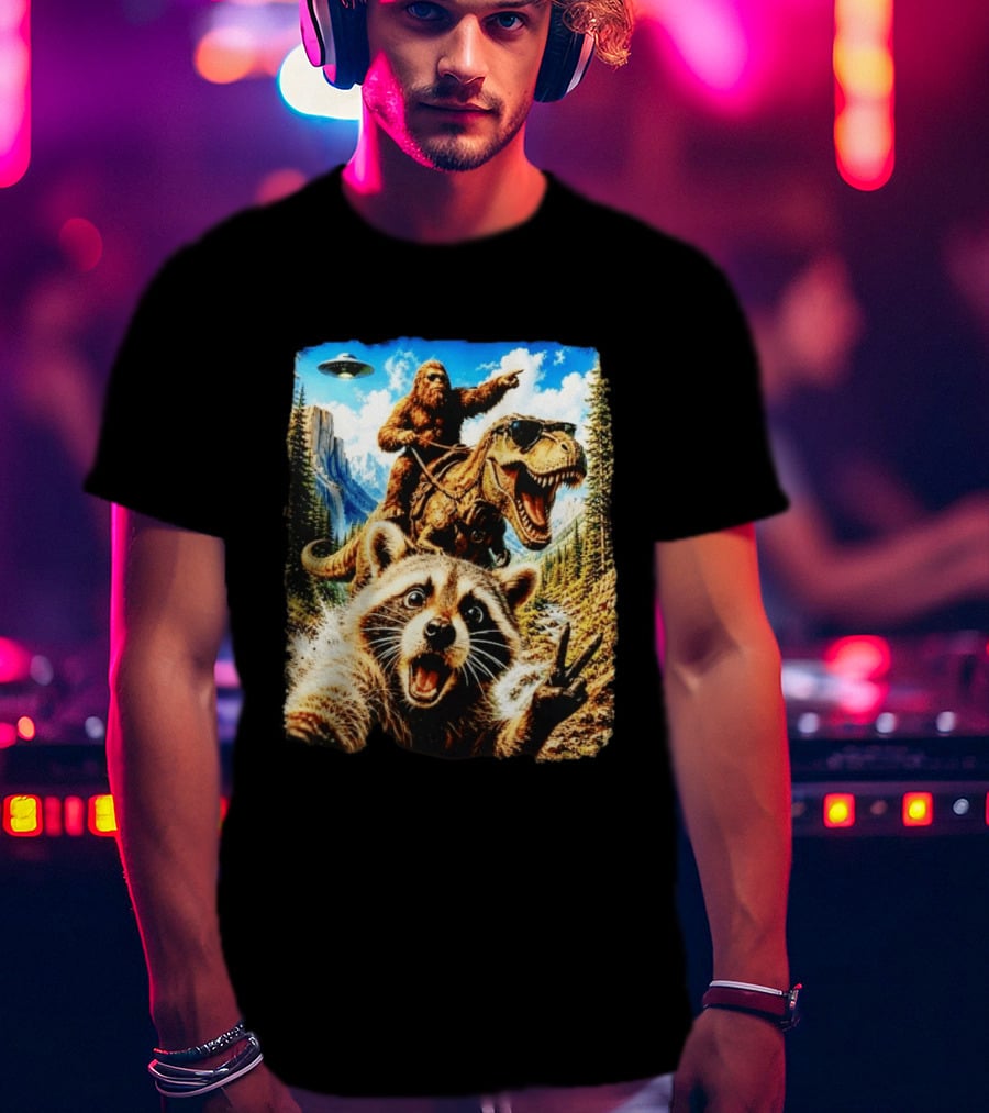 Raccoon Selfie Bigfoot Rex Adventure With UFO And Mountains T-Shirt
