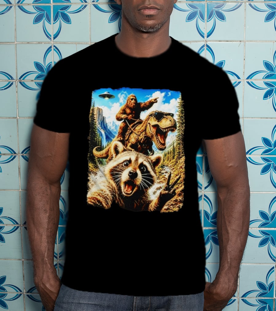 Raccoon Selfie Bigfoot Rex Adventure With UFO And Mountains T-Shirt
