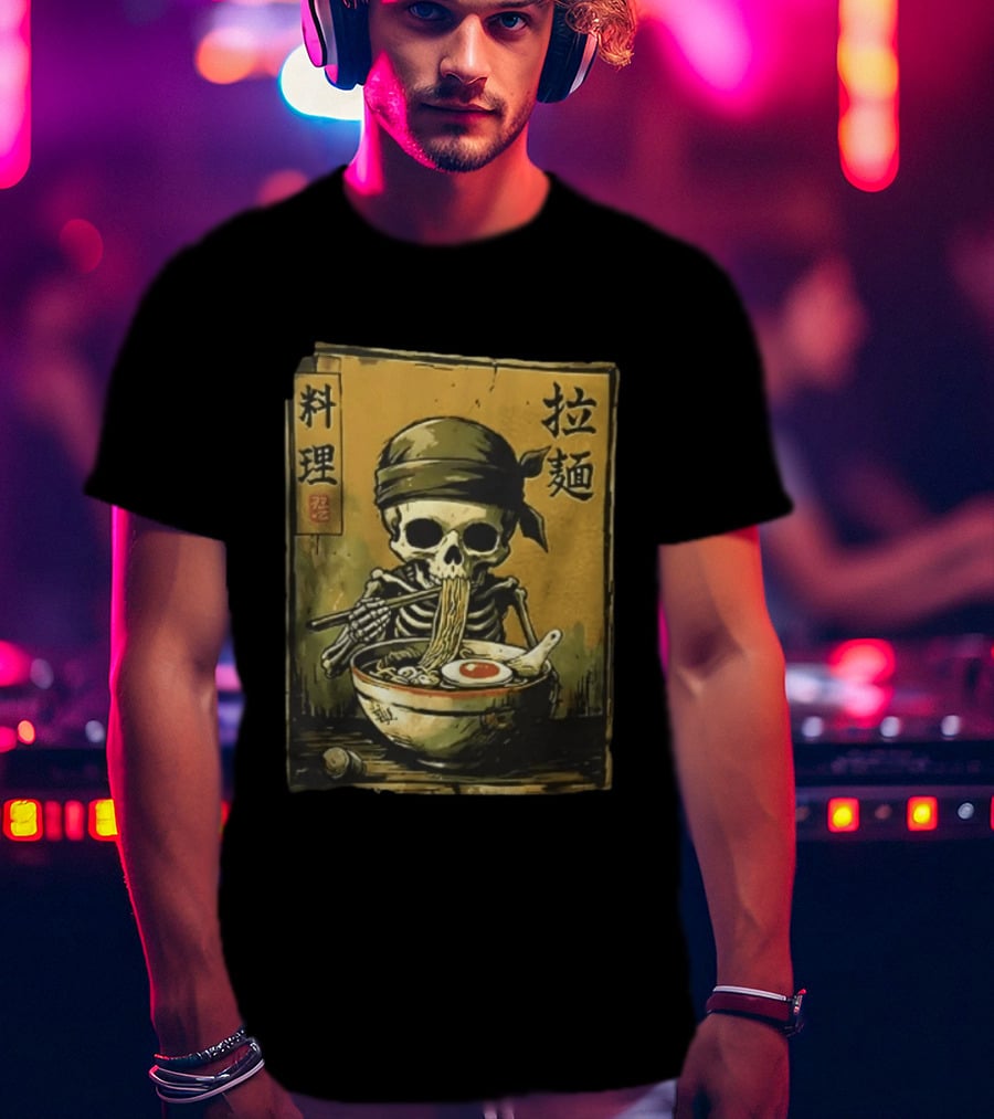 Skeleton Ramen Eating Kanji Cooking Noodles T-Shirt