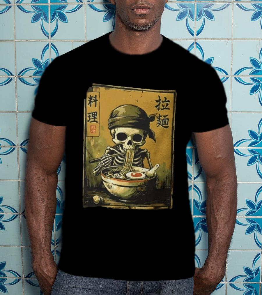 Skeleton Ramen Eating Kanji Cooking Noodles T-Shirt