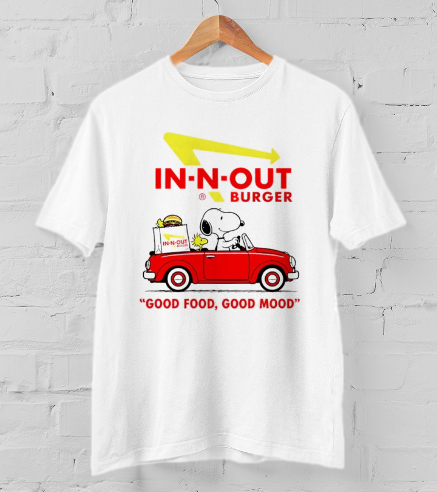 In N Out Burger Snoopy Woodstock Driving Red Convertible Good Food Good Mood T-Shirt