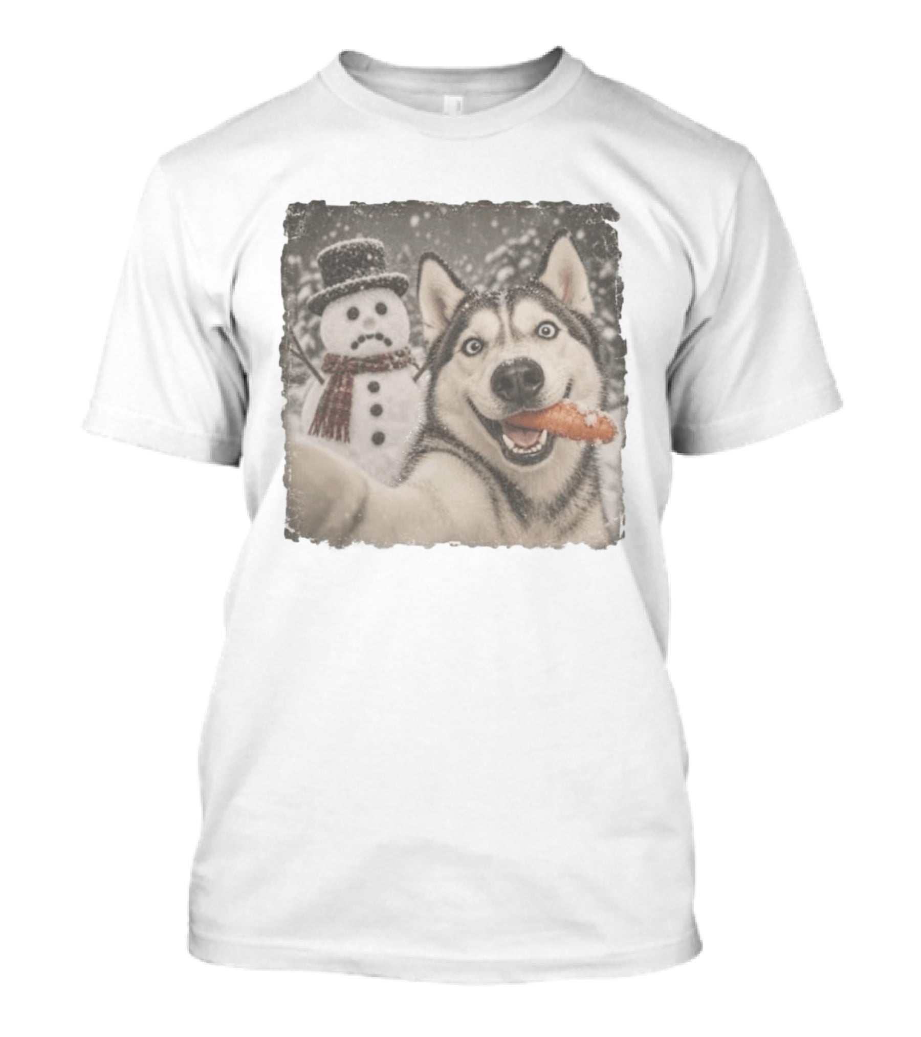 A Sled Dog With A Carrot And A Sad Snowman In A Snowy Winter Scene T-Shirt
