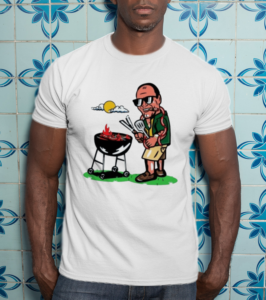 Tony Soprano Grilling Sausages Cartoon Funny BBQ Scene T-Shirt