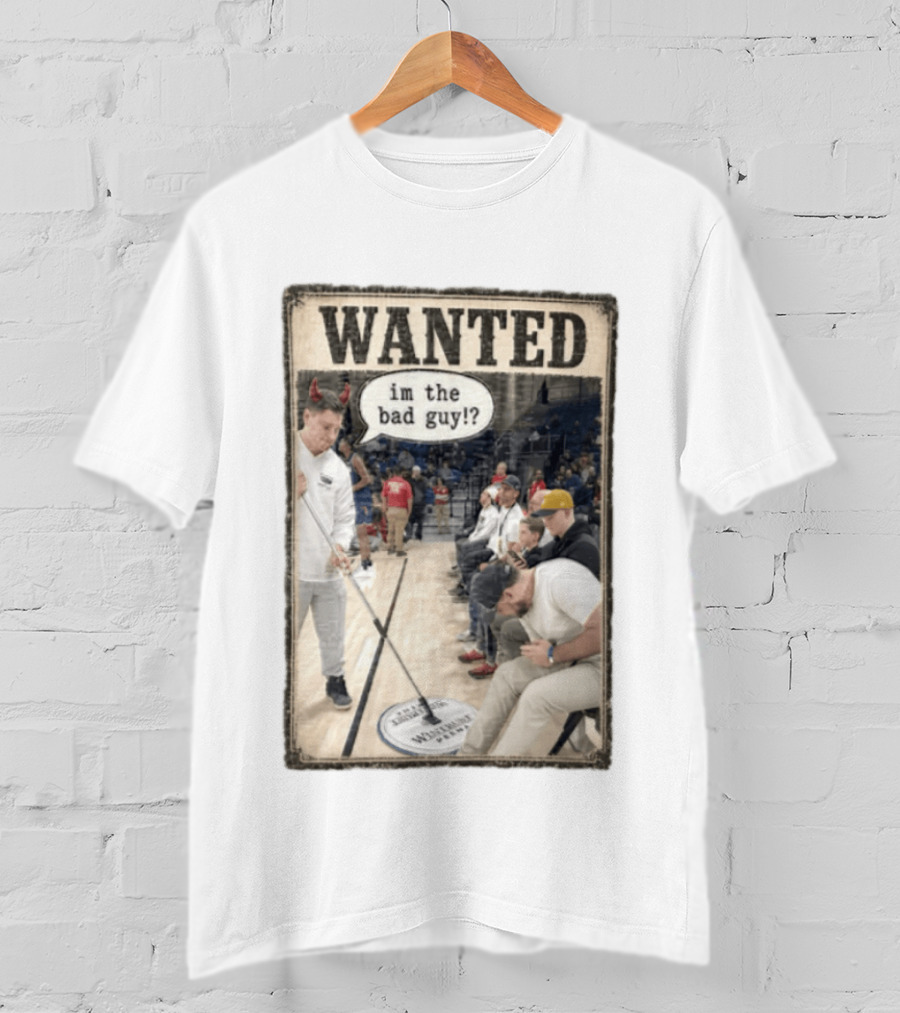 Wanted Im The Bad Guy Wintrust Arena Man Sweeping Floor Devil Horns T-Shirt