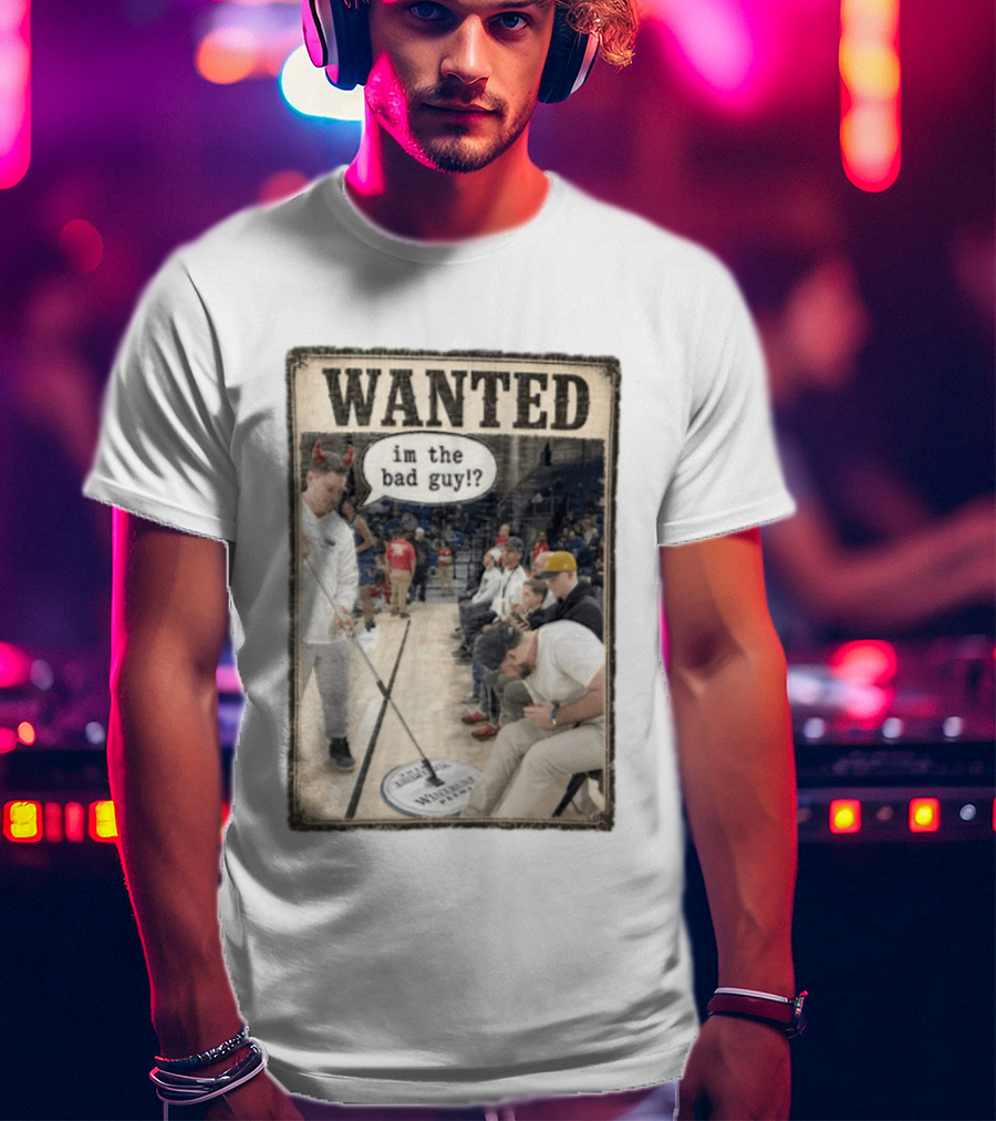 Wanted Im The Bad Guy Wintrust Arena Man Sweeping Floor Devil Horns T-Shirt
