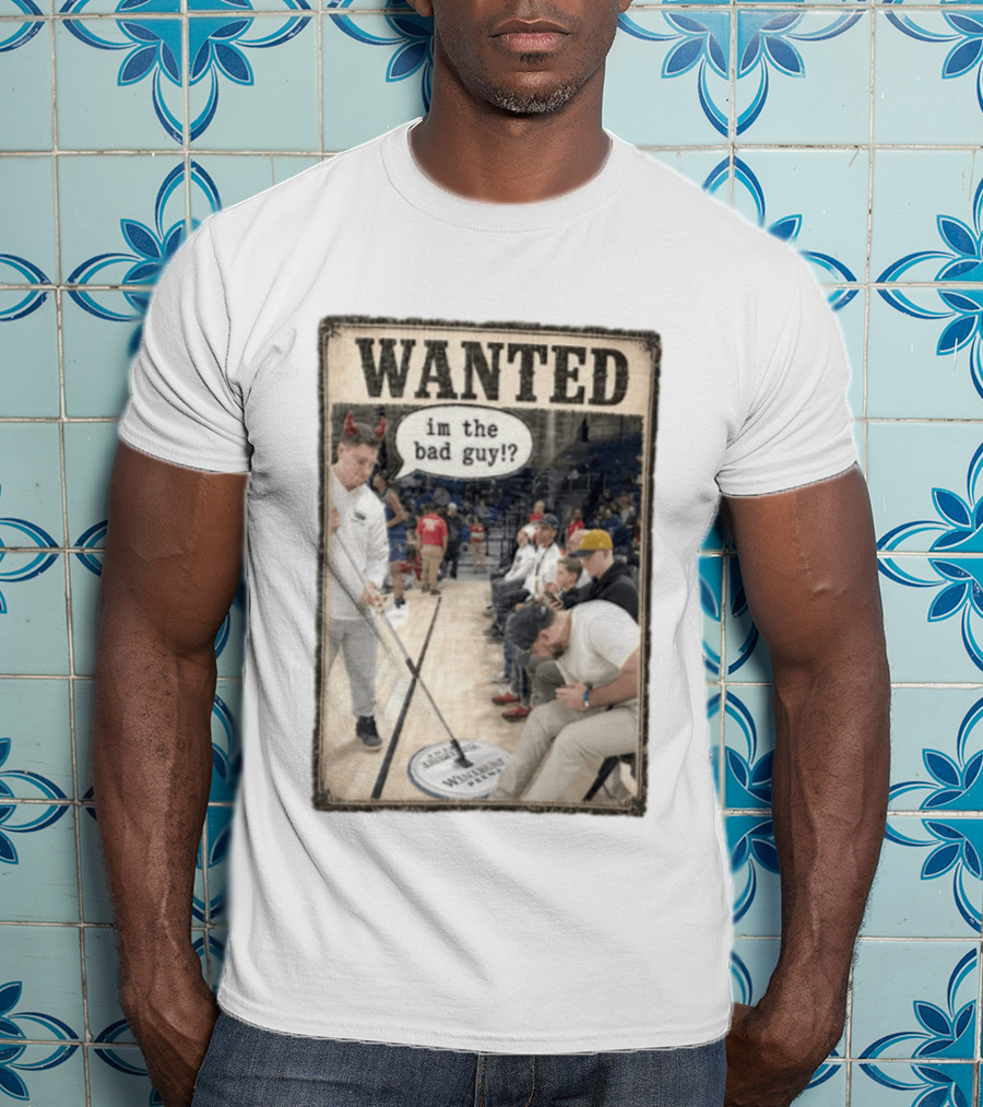 Wanted Im The Bad Guy Wintrust Arena Man Sweeping Floor Devil Horns T-Shirt