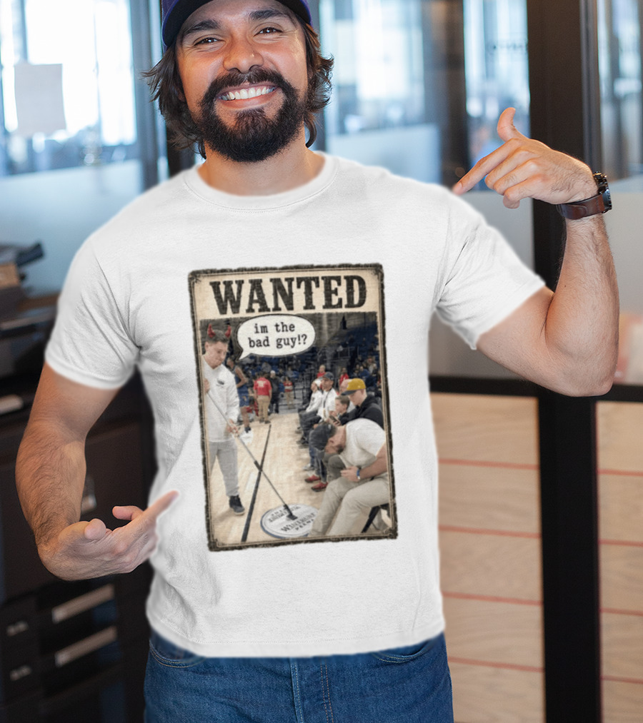 Wanted Im The Bad Guy Wintrust Arena Man Sweeping Floor Devil Horns T-Shirt