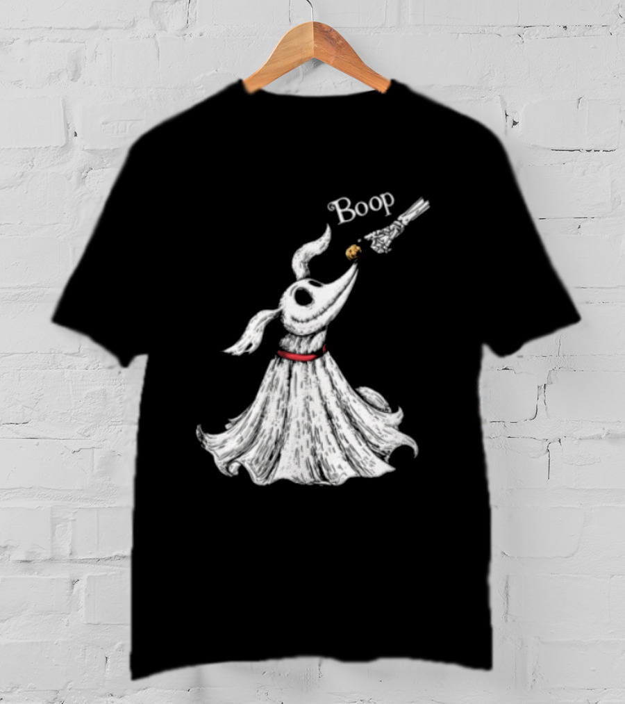 Boop Skeletal Hand Touching Pumpkin Nose With Ghostly Dog Line Sketch T-Shirt