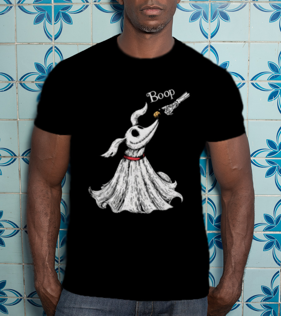 Boop Skeletal Hand Touching Pumpkin Nose With Ghostly Dog Line Sketch T-Shirt