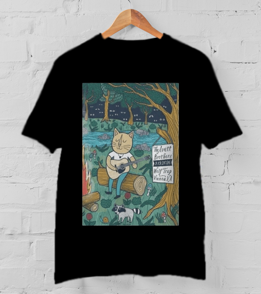 The Avett Brothers Wolf Trap Vienna Virginia 2026 Concert Cat Playing Guitar In Forest Scene T-Shirt