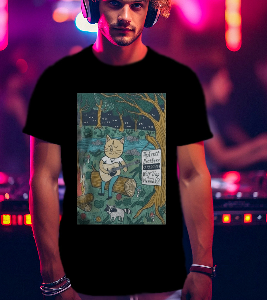 The Avett Brothers Wolf Trap Vienna Virginia 2026 Concert Cat Playing Guitar In Forest Scene T-Shirt