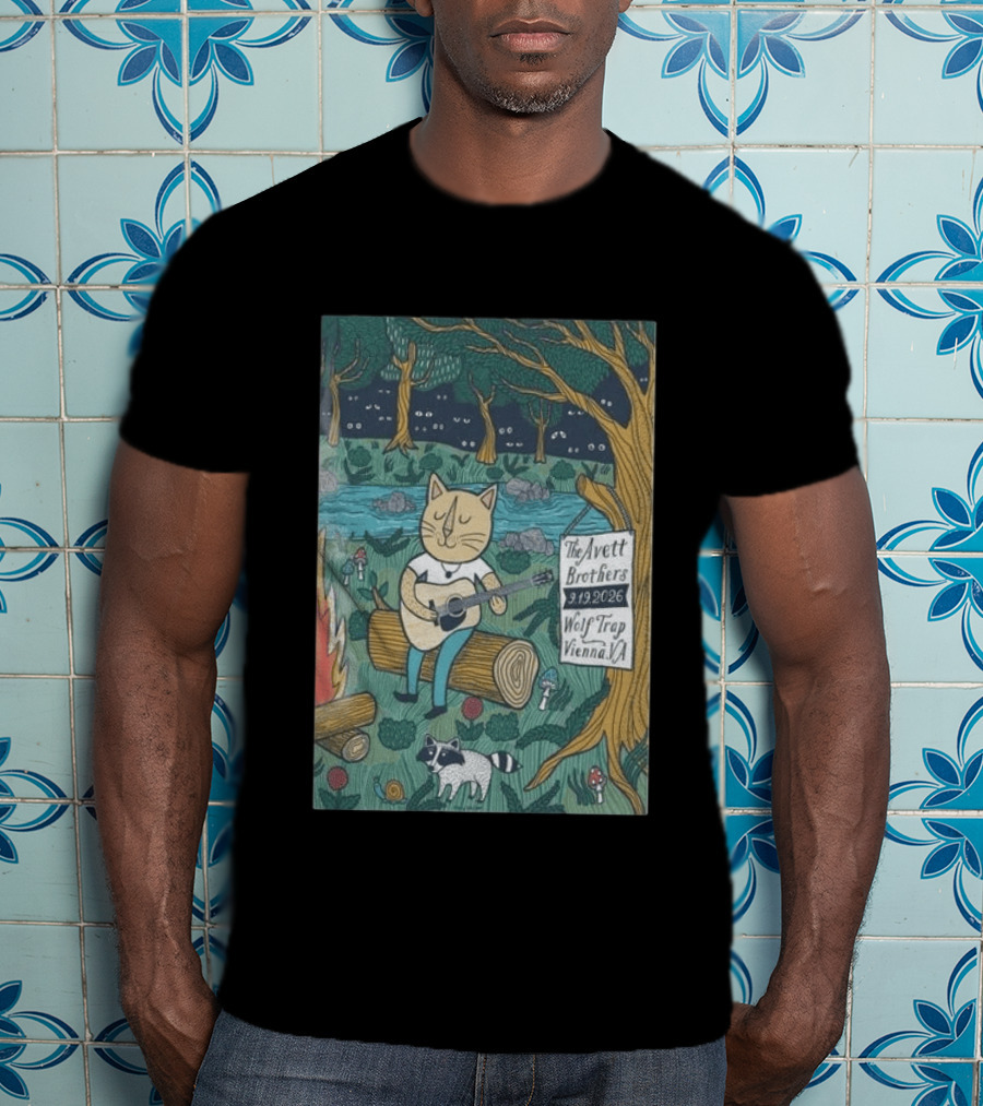 The Avett Brothers Wolf Trap Vienna Virginia 2026 Concert Cat Playing Guitar In Forest Scene T-Shirt