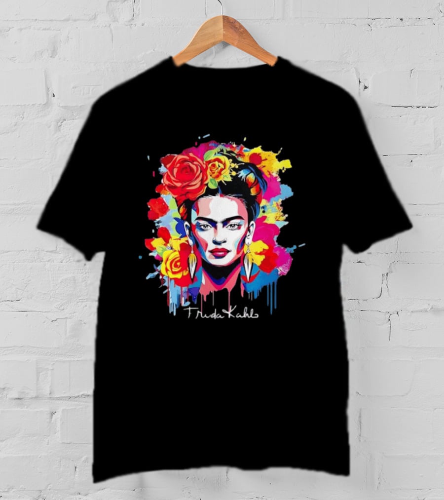 Frida Kahlo Colorful Floral Mexican Artist Vibrant Roses And Dripping Paint T-Shirt
