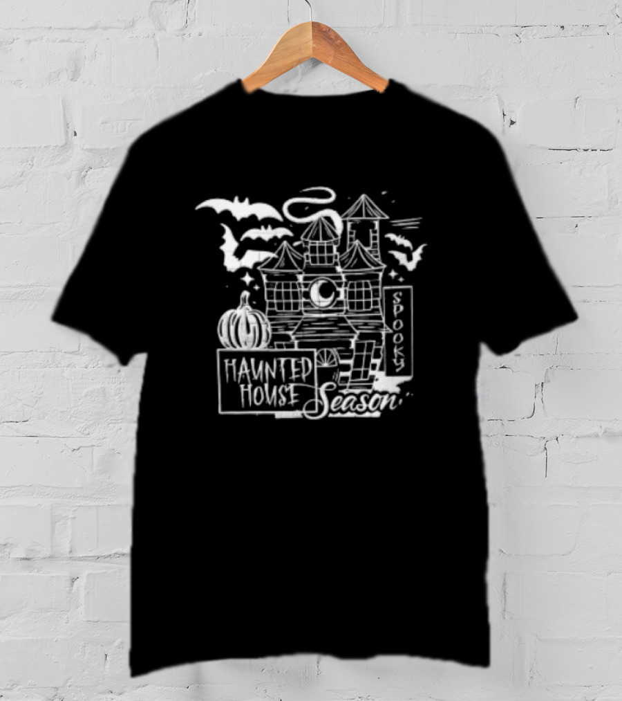 Haunted House Season Halloween Pumpkins Bats Moon Spooky Books T-Shirt