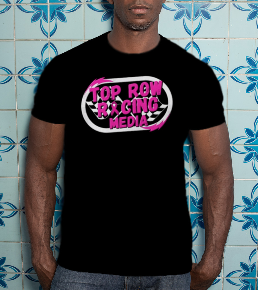 Top Row Racing Media Pink Checkered Flags Ribbon T-Shirt