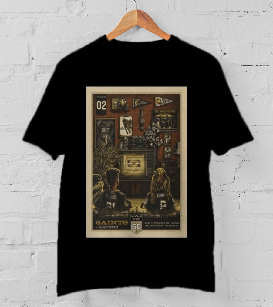 Saints Vs Ravens Week 2 Game Day September 20 2026 Retro Art Baltimore Stadium T-Shirt