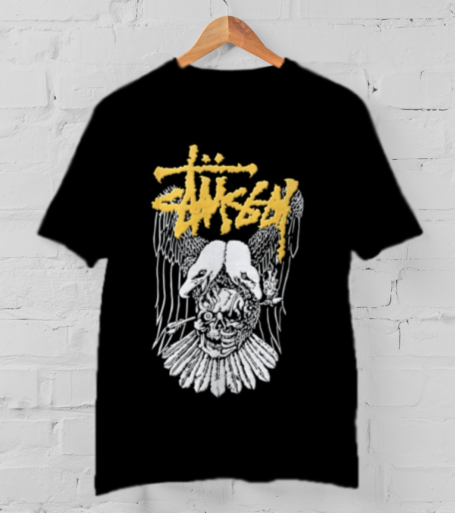 Stussy Two Headed Eagle Skull Yellow Text White Sketch T-Shirt