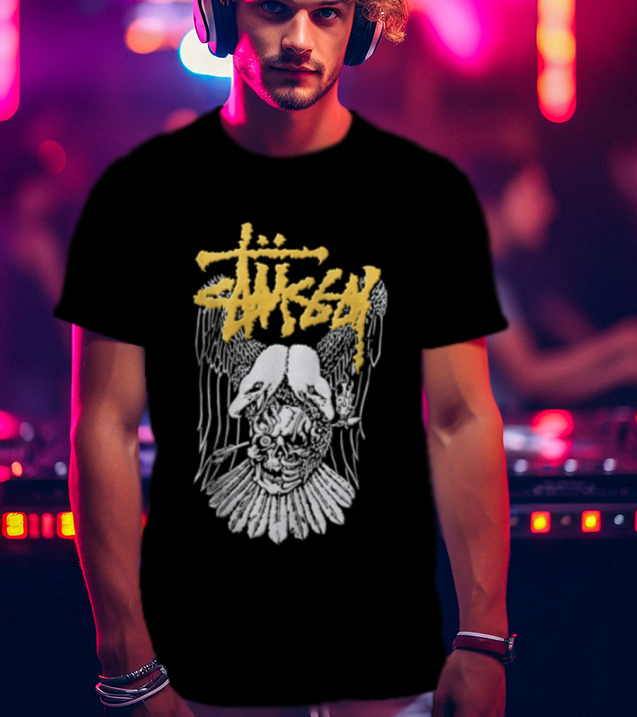 Stussy Two Headed Eagle Skull Yellow Text White Sketch T-Shirt
