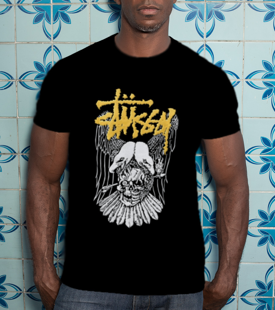 Stussy Two Headed Eagle Skull Yellow Text White Sketch T-Shirt