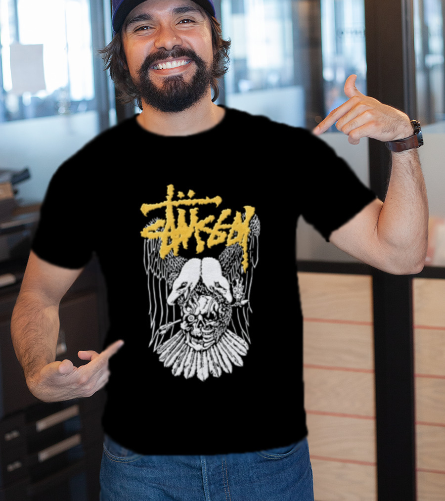 Stussy Two Headed Eagle Skull Yellow Text White Sketch T-Shirt