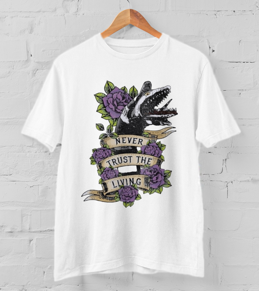 Beetlejuice Never Trust The Living Floral Banner With Sandworm And Purple Roses T-Shirt
