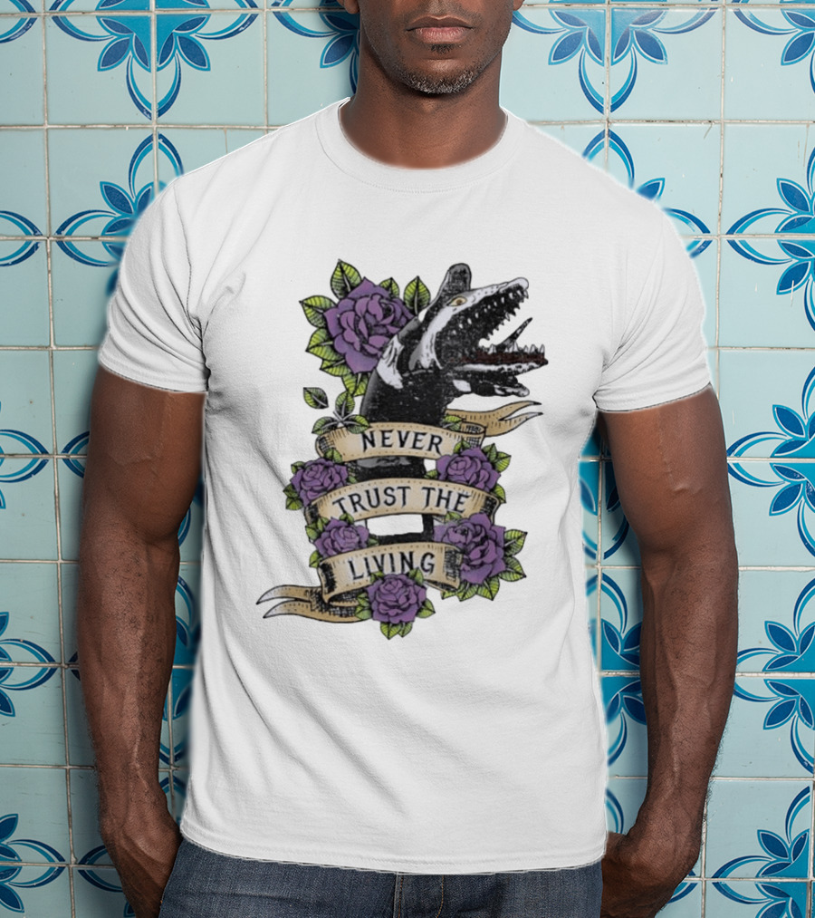 Beetlejuice Never Trust The Living Floral Banner With Sandworm And Purple Roses T-Shirt