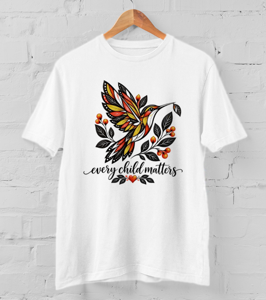 Every Child Matters Hummingbird Orange Awareness Floral Heart T-Shirt