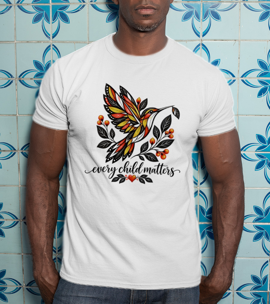 Every Child Matters Hummingbird Orange Awareness Floral Heart T-Shirt
