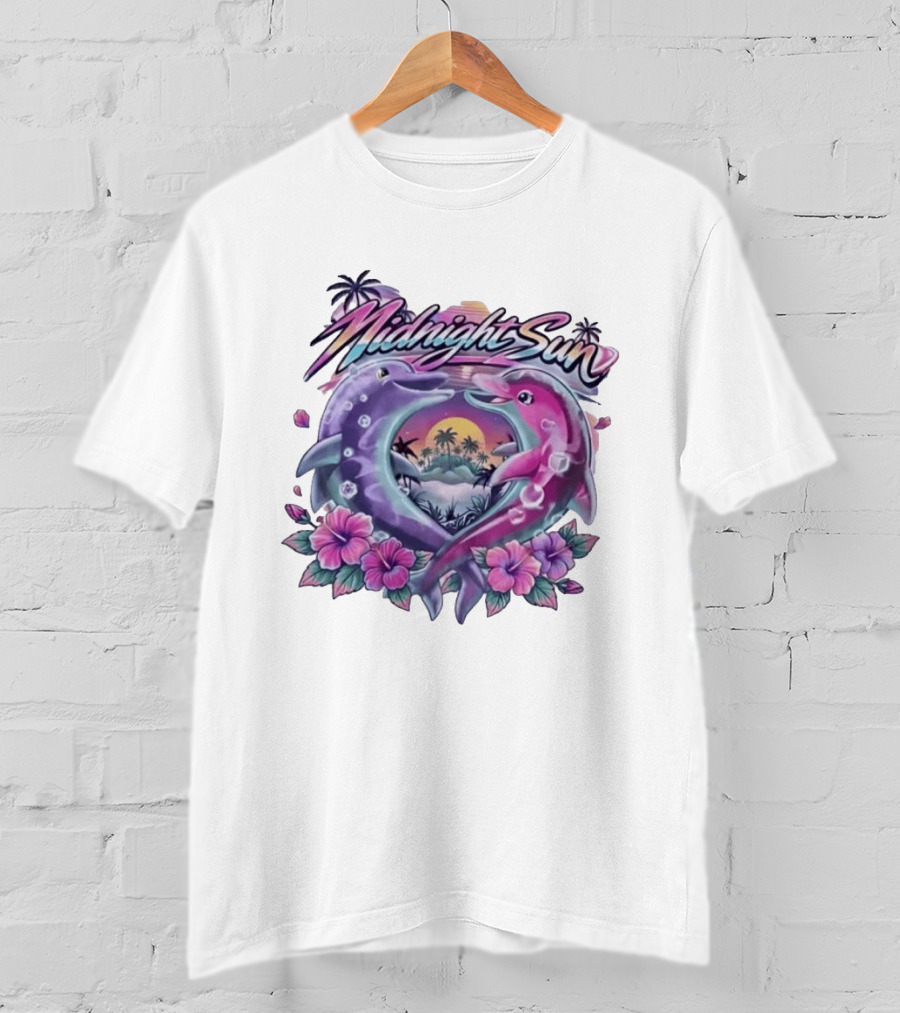 Midnight Sun Heart Dolphins Tropical Sunset T-Shirt