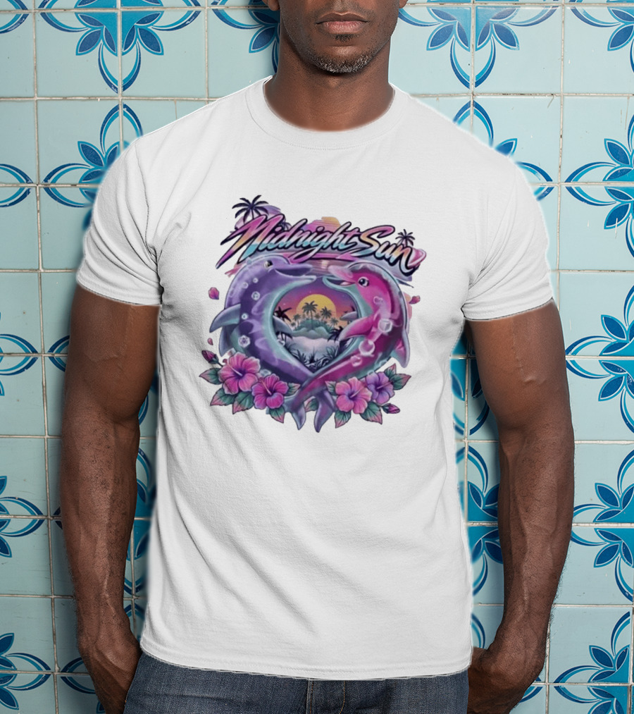 Midnight Sun Heart Dolphins Tropical Sunset T-Shirt