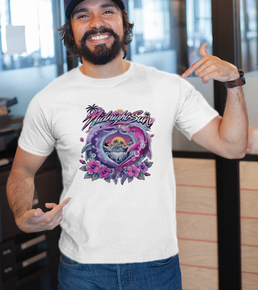 Midnight Sun Heart Dolphins Tropical Sunset T-Shirt