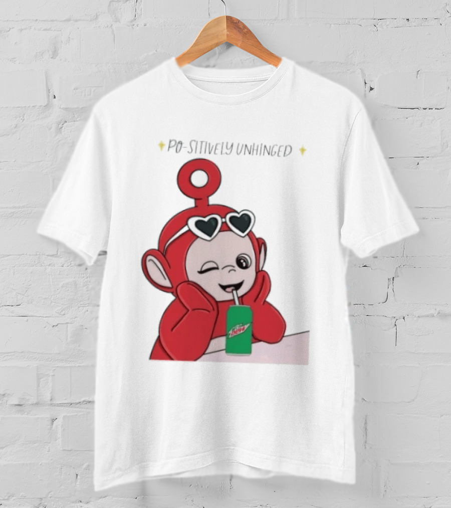 Po Sitively Unhinged Funny Red Teletubby Heart Sunglasses Drinking Mtn Dew T-Shirt