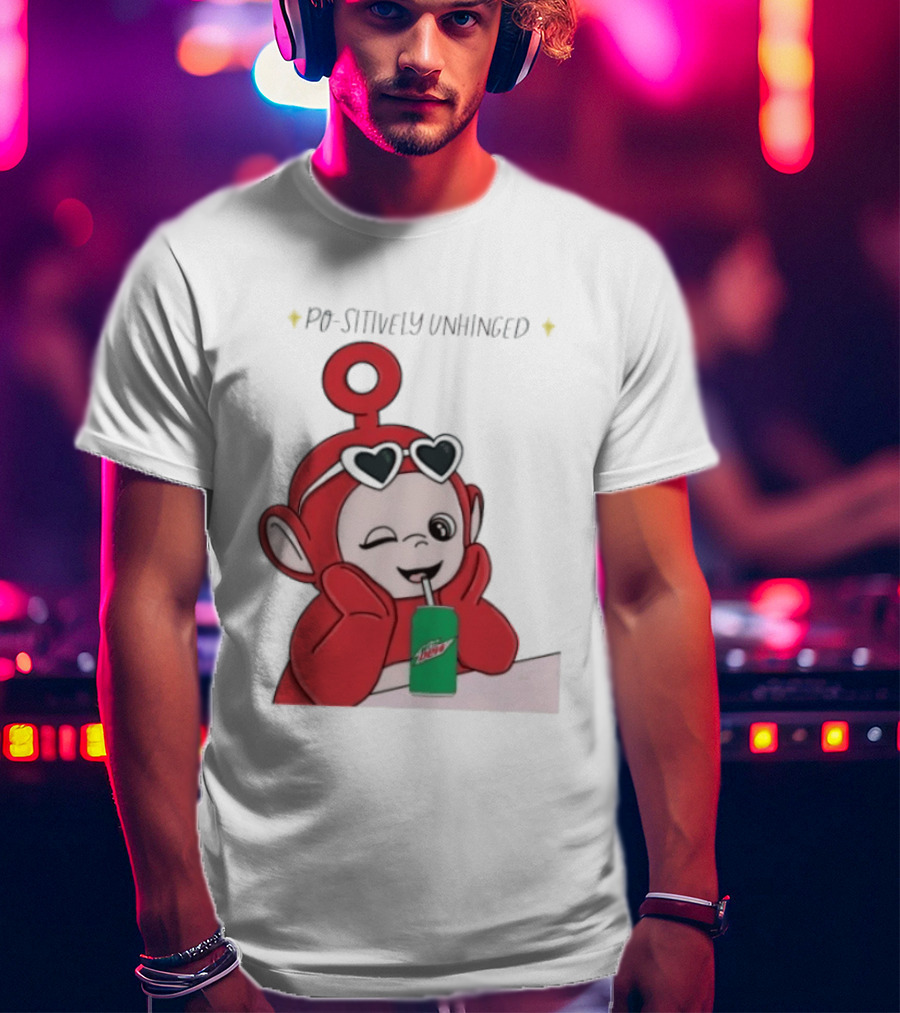 Po Sitively Unhinged Funny Red Teletubby Heart Sunglasses Drinking Mtn Dew T-Shirt