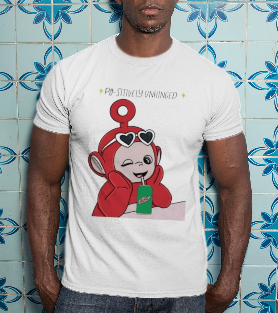 Po Sitively Unhinged Funny Red Teletubby Heart Sunglasses Drinking Mtn Dew T-Shirt